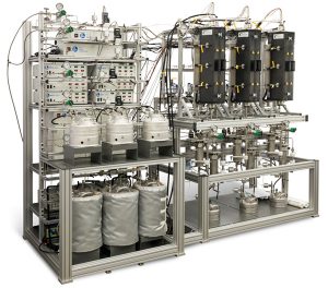 Three 250 mL Reactors; parallel operation; 4871 Process Controller interfacing to PC. Weighted feed tanks & 2-stage pressure let down.